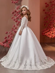 Vestidos de niña de flores de satén de encaje blanco, apliques con hombros descubiertos, vestido elegante hinchado para fiesta de boda para niños, vestido de fiesta de noche de cumpleaños