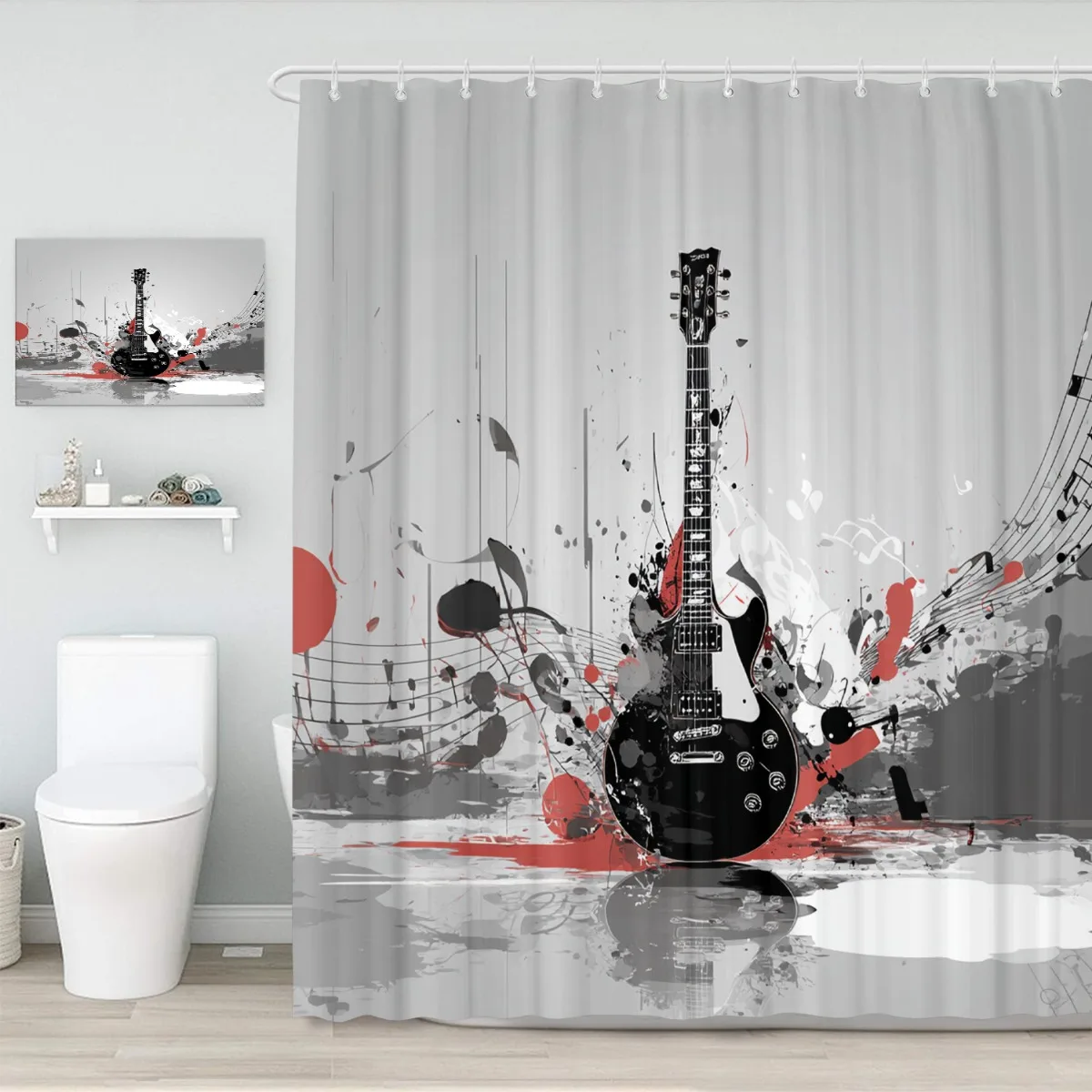 Electric Guitar Shower Curtain, Abstract Musical Note Art, Rock Band Instrument Print, Black Red White Decor
