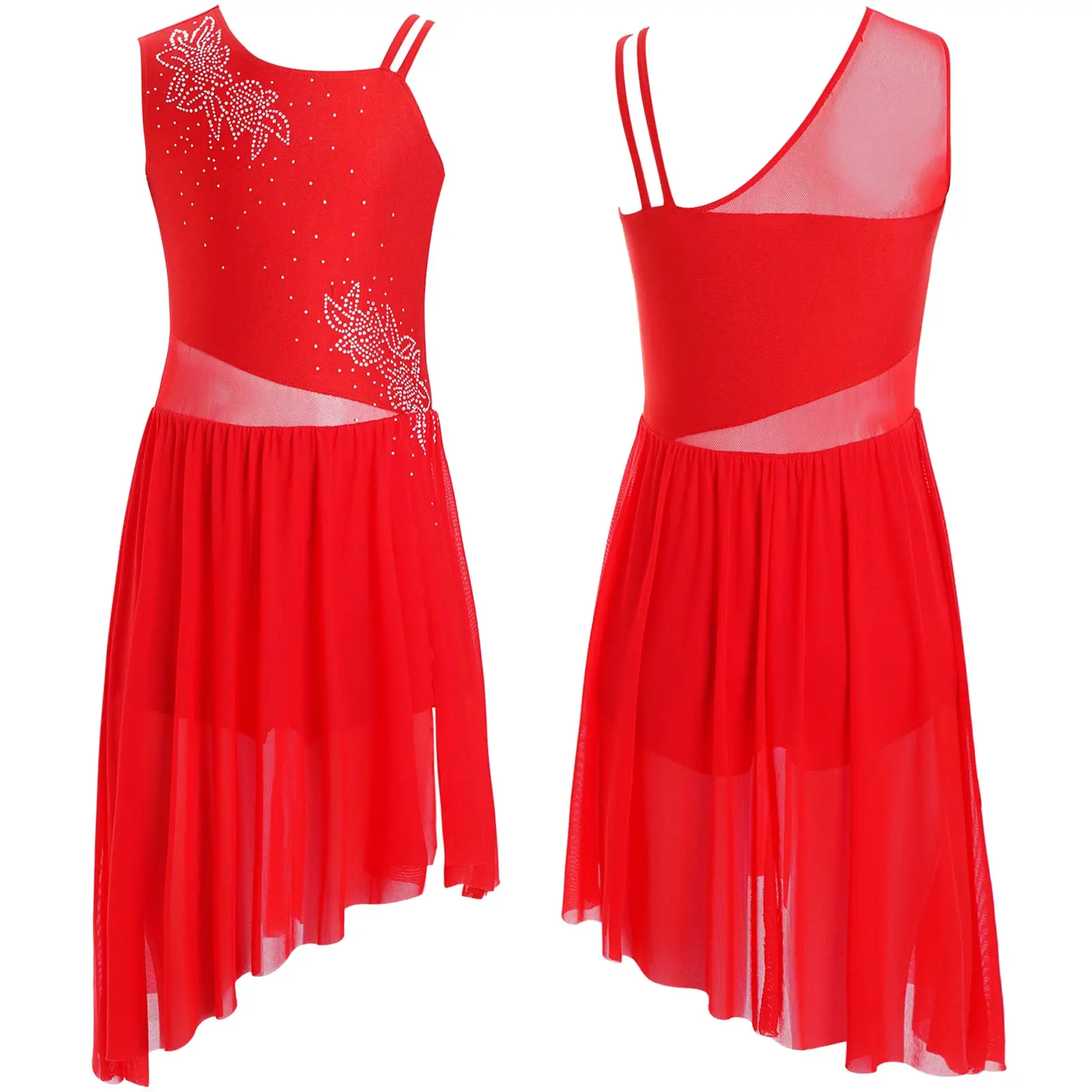 فستان رقص غنائي للفتيات الصغيرات بدون أكمام وأحجار الراين اللامعة ونمط الزهور غير المتكافئة بفتحة جانبية ملابس الرقص