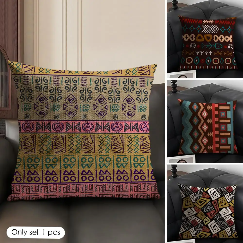 African Tribal Ethnic Pattern Cushion Cover Natural Linen Organic Fabric Double-Sided Printing Breathable Perfect Gift for Decor