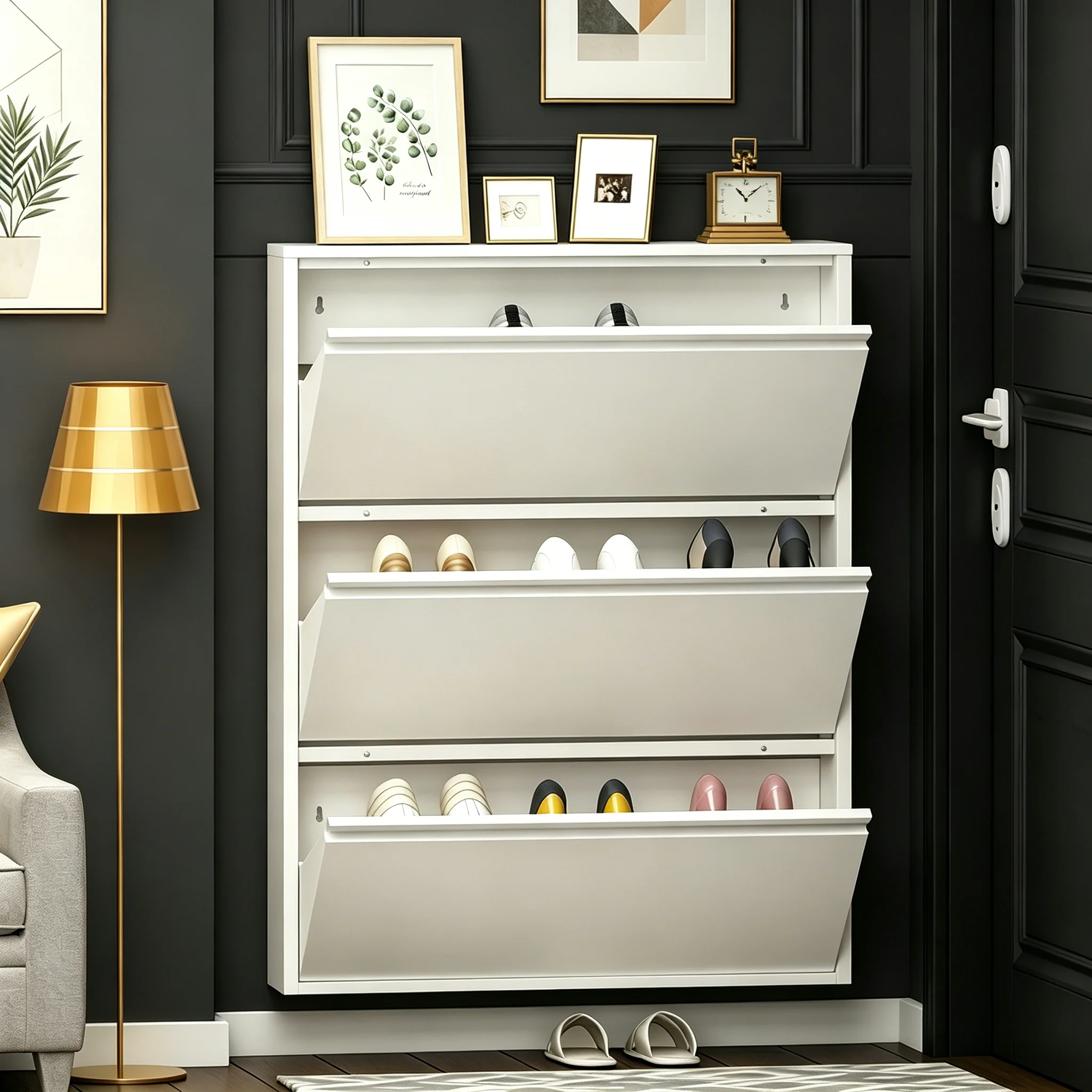 Space Saving Flip Shoe Rack with Adjustable Baffle And Spacious Top Shelf, Sturdy Metal Entryway Shoe Storage Cabinet for Narrow Hallway Small Apartment Dorm, White And Black