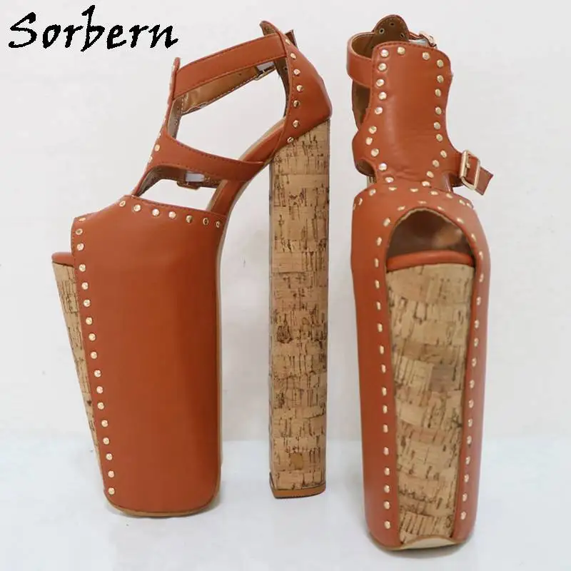 Sorbern 26cm Women Sandals Block High Heel Cork Wrappe Open Toe Thick Platform Fetish Drag Queen Shoes Display Show Shoes