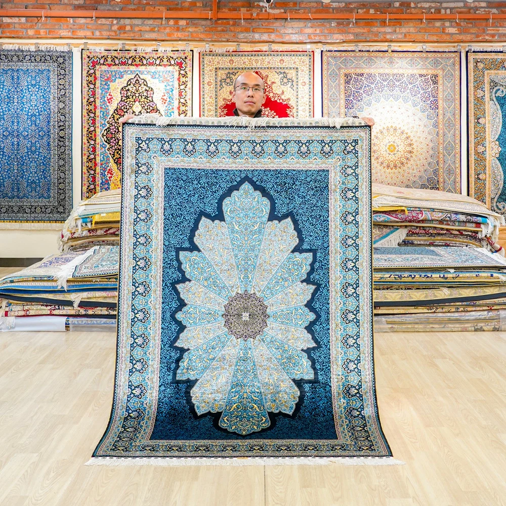 

122x183cm Antique Hot Sell Turkish Blue Rugs Hand-Woven Silk Carpets