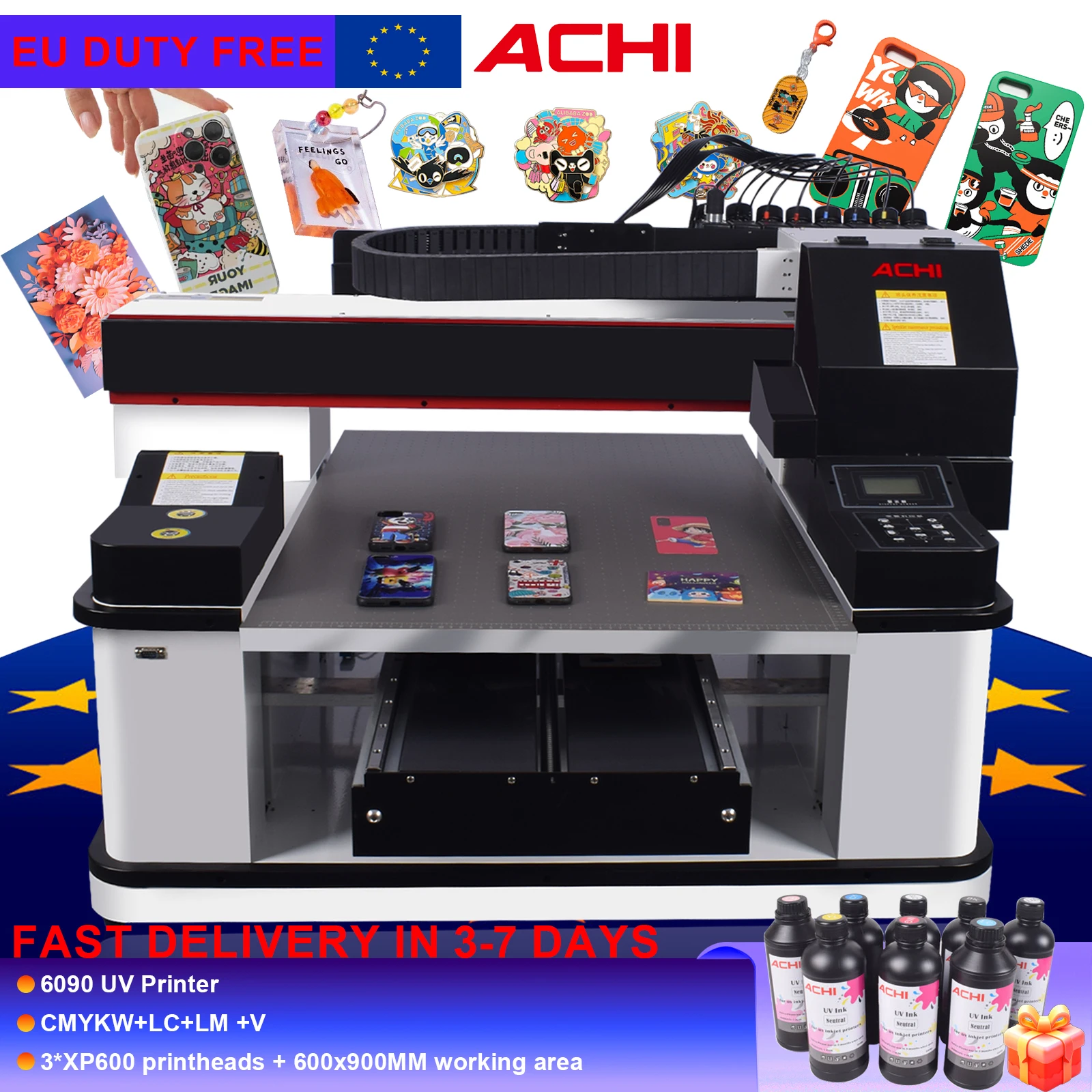 طابعة ACHI 6090 UV مع رأس الطابعة XP 600 طابعة UV طابعة مسطحة LED أوتوماتيكية لطباعة الزجاجات والخشب والمعادن