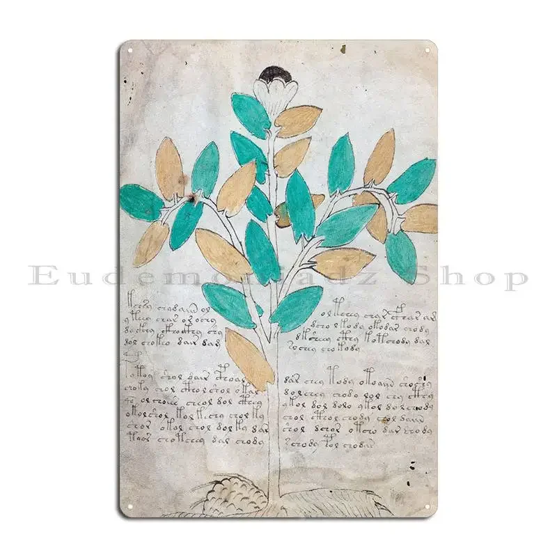 Voynich Manuscript Page book cover Illustrated codex green leaf and flower Metal Decoration Iron Classic Tin Sign Poster