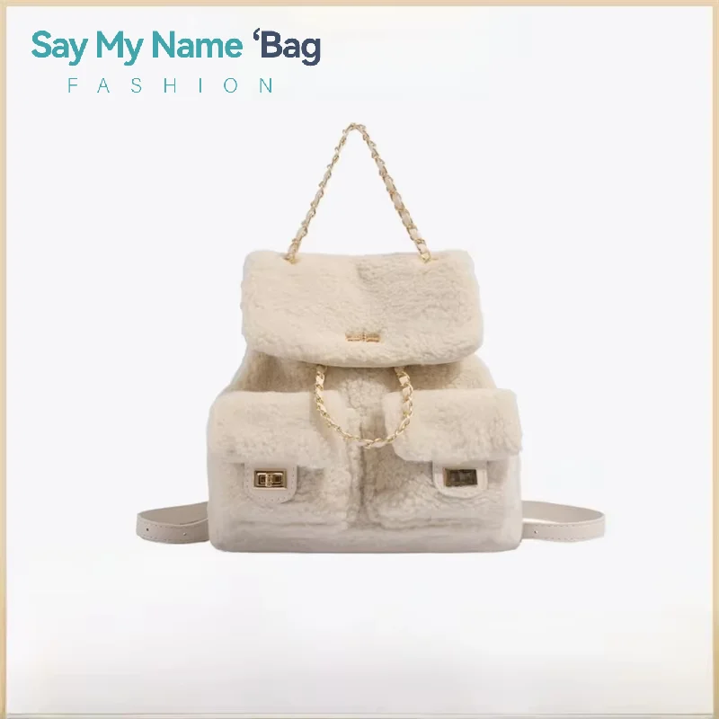 

﻿ Lamb Fur Women's Chain Plu Backpack Cute Autumn Winter Double Oulder Bag Soft Handle Daily Commuter Use Oulder Bag