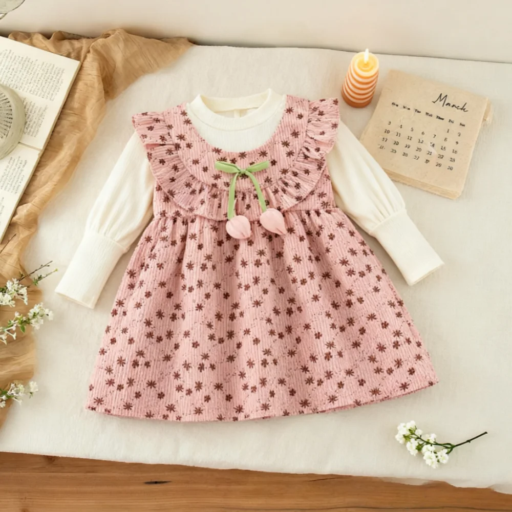 

Girls' Dresses Spring/Fall Full Floral Print Cotton Long-Sleeve Baby Girl Dress Adorable Bow Baby Dress Baby Girl Clothes