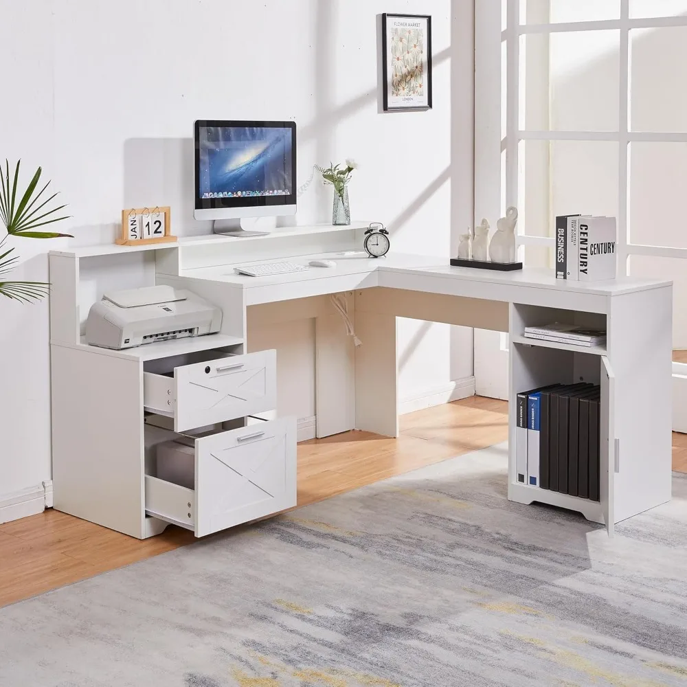 مكتب تنفيذي على شكل حرف L مقاس 60 بوصة مع مساحة تخزين للطابعة، ومكتب كمبيوتر زاوية يتميز بمنافذ طاقة وأدراج قابلة للقفل والضبط #6