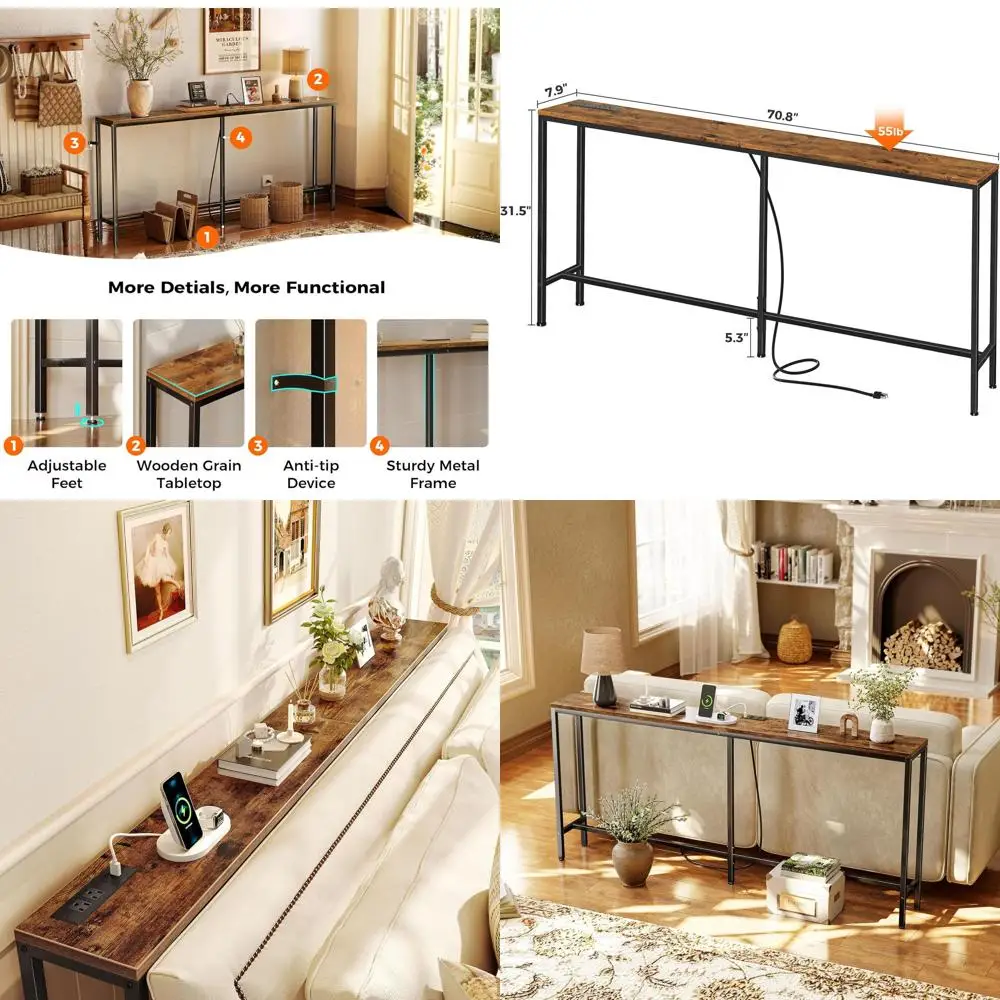 

70 Rustic Brown Console Table with Outlet, Slim Entry Sofa Table, Living Room Charging Station