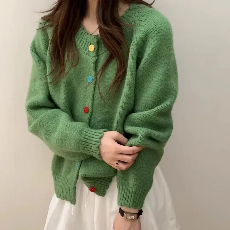 

Color Buckle Candy-colored Knitted Cardigan 2025 Autumn New Soft Waxy Loose Age-reducing Lazy Sweater