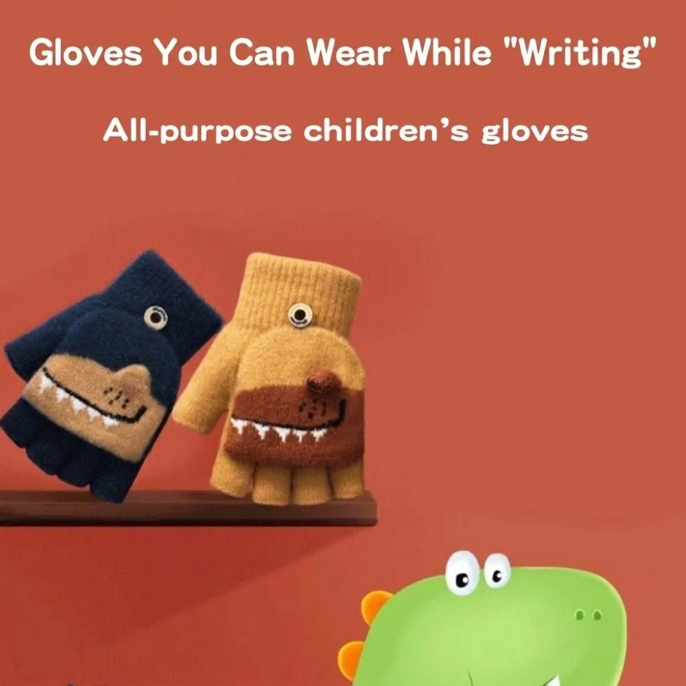 Knitted Kids Half-Finger Gloves Thick Warm Warm Flip Top Gloves Polyester Cartoon Crocodile Design Convertible Mittens