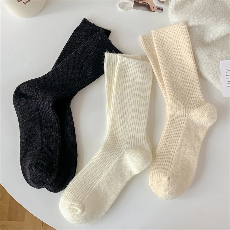Trendy Women's Socks Thick New Autumn Winter Simple Casual Solid Color Crew Socks Elegant Wool Socks For Girls Japanese Style