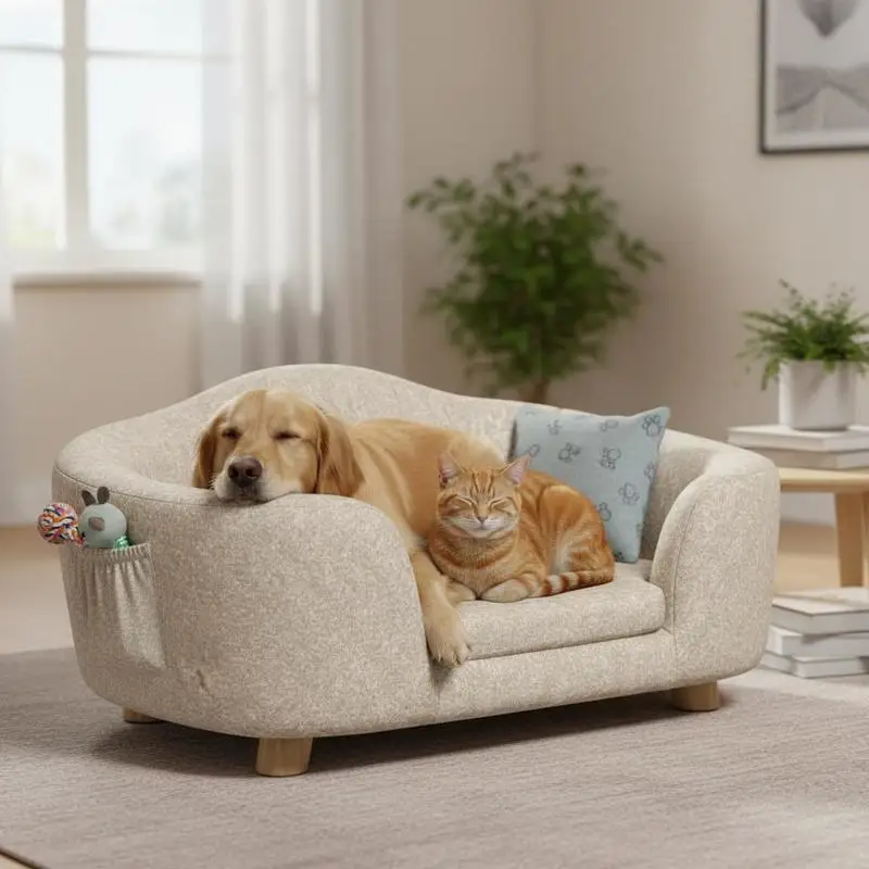 Haustiersofa Hundematte Hundebett Hundesofa Hundecouch Katzensofa mit Kissen Rückentasche Plüsch Schaumstoff Kiefernholz Cremeweiß 70 x 47 x 30 cm Hundebett mit Kissen und Rückentasche, Struktur aus