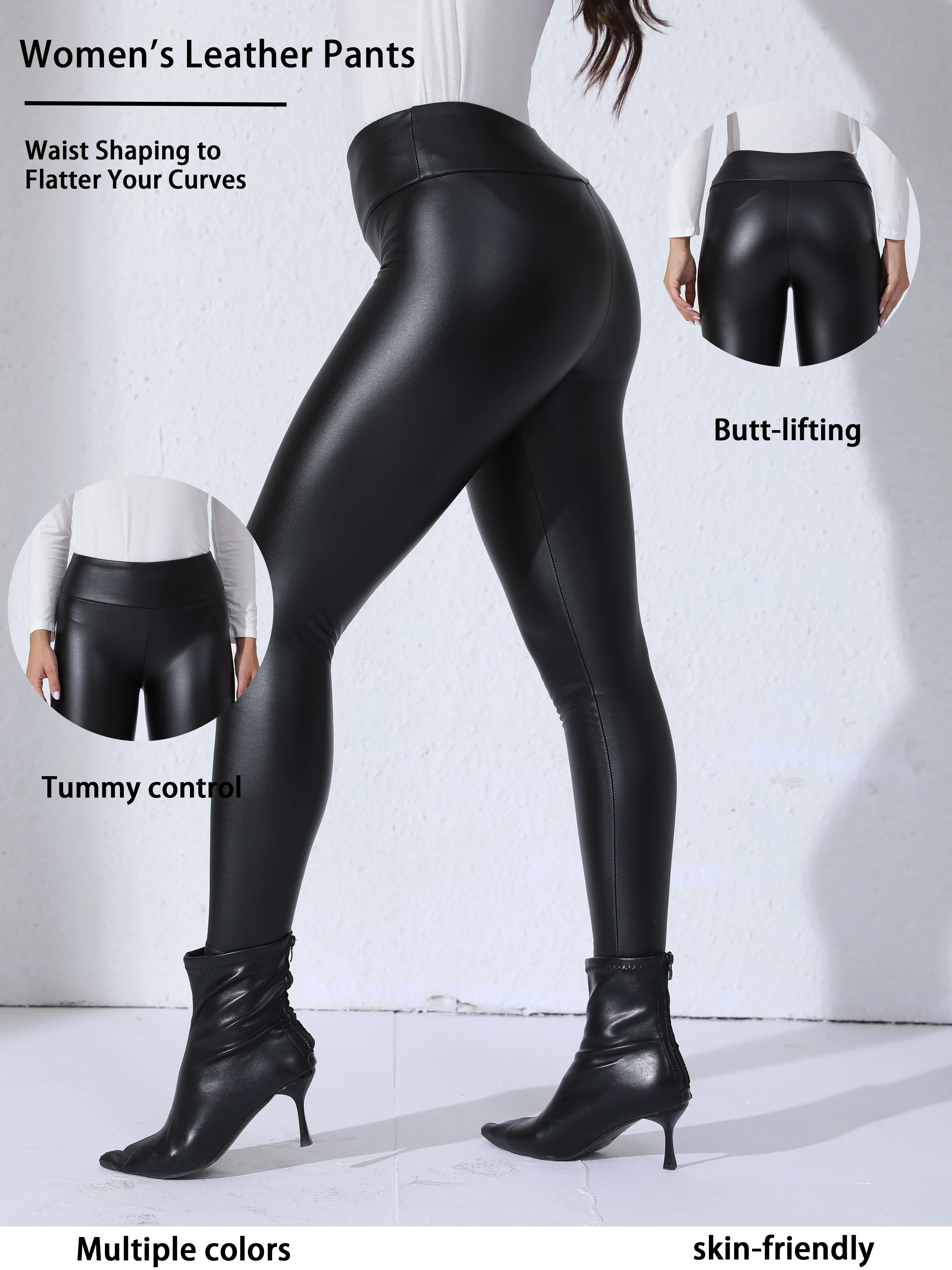 Leggings con forro polar de cuero PU para mujer, pantalones ajustados elásticos con bolsillos, pantalones informales de moda para uso diario de cintura alta