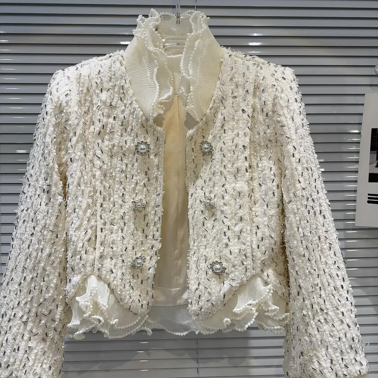 2025 Spring New French Style Pearl Button Chiffon Lace Premium Top Short Jacket for Women Cropped Coat