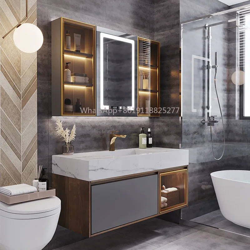 sink with intelligent LED lights  mirror Luxury golden grey series wholesale bathroom vanity cabinets wash basin double