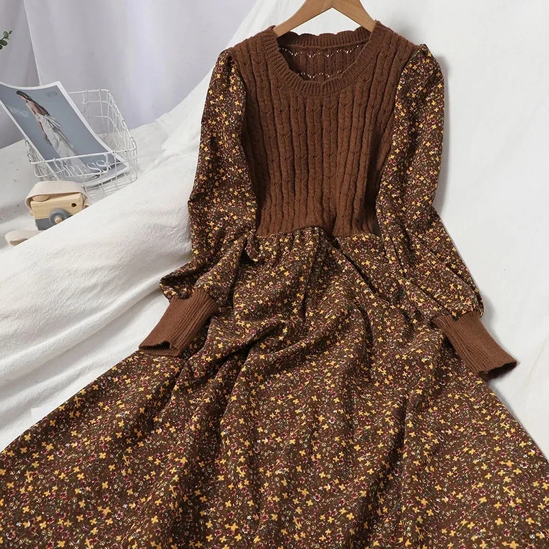 2024 Autumn Winter New Korean Patchwork Bandage Long Sleeved Knitted Dress Women's Fashion Slim Sweet Corduroy Flower Dresses