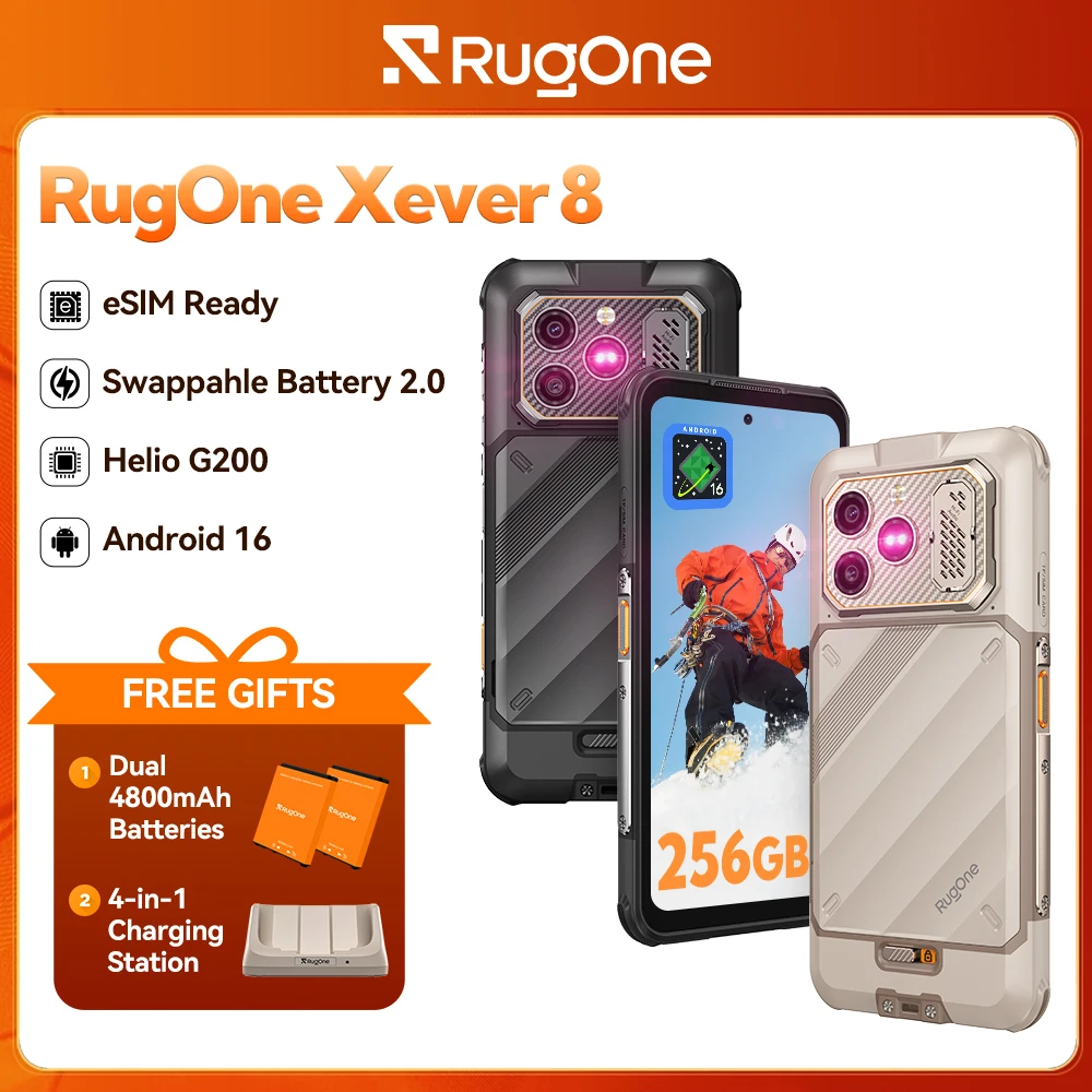 【NOVEDAD】RugOne Xever 8 — Smartphone Rugerizado Android 16 con eSIM, Batería Extraíble de 4800 mAh, Procesador Helio G200, 256 GB ROM, Pantalla de 6.5", Visión Nocturna y NFC