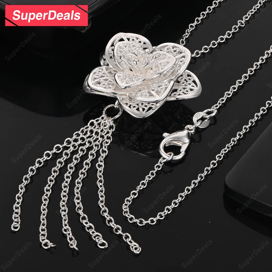 

SuperDeals 925 Sterling Silver Necklace Flower Pendant O Chain Women's Charm Wedding Party Fine Jewelry 16-30 Inch Chain