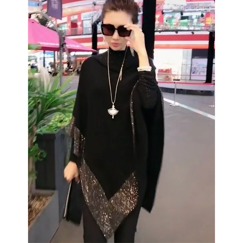 Women New Diamond Encrusted Cloak Spring Autumn Ladies Medium Long Styles Jumper Knitted Shawl Advanced Female Pullover Sweater