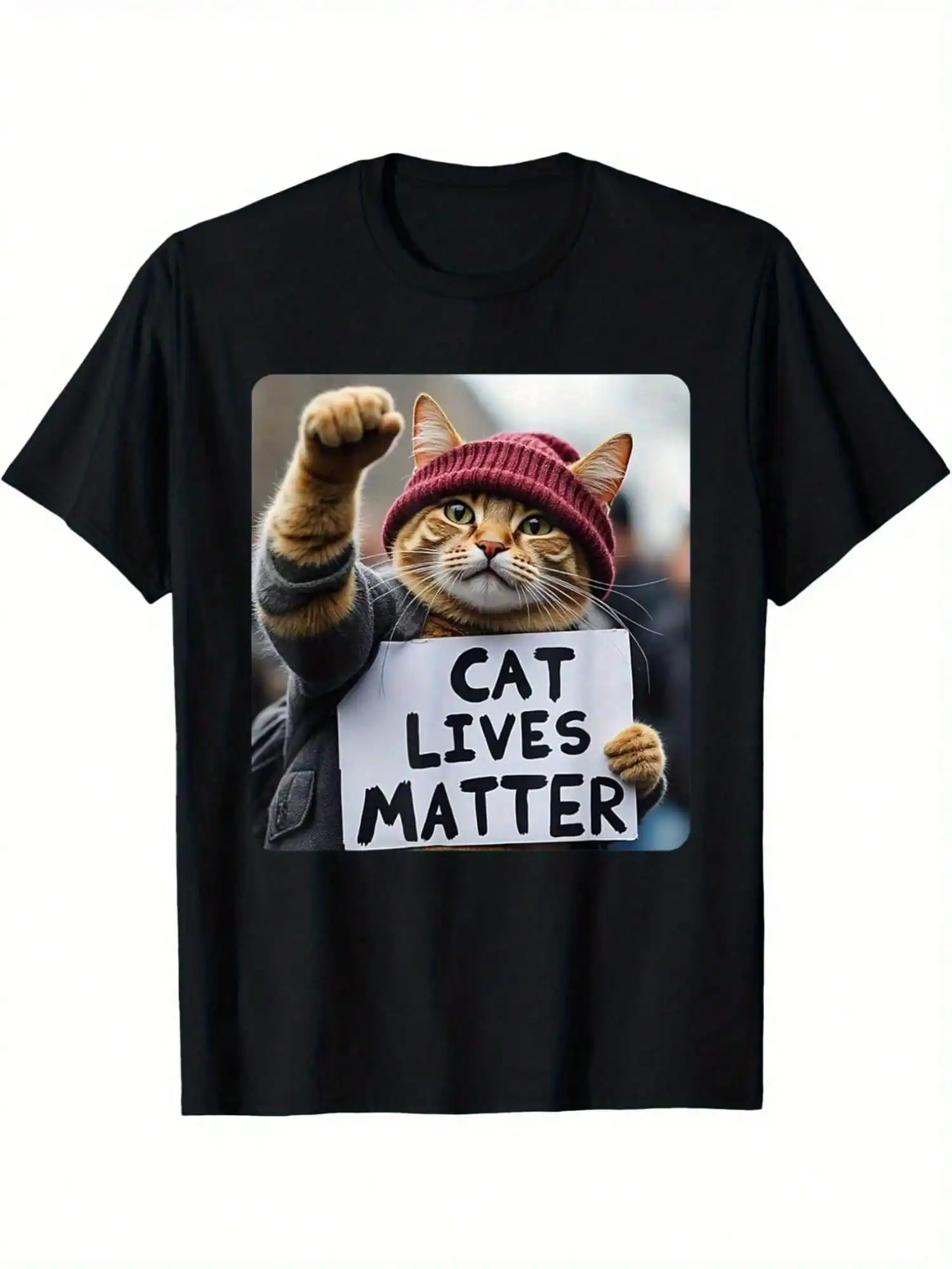 

Funny Cat Lives Matter Graphic T-Shirt - Black Cotton Casual Tee with Humorous Cat Photo Design, Machine Washable, Round Neck,