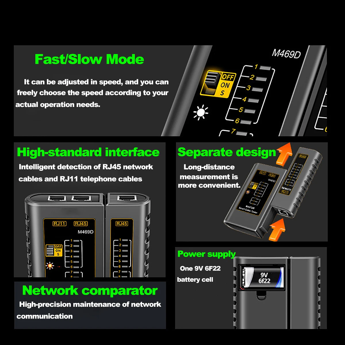 جهاز اختبار محلل الشبكة الاحترافي M469D كابل lan RJ45 RJ11 RJ12 CAT5 UTP LAN كابل اختبار أداة إصلاح الشبكات أيضًا