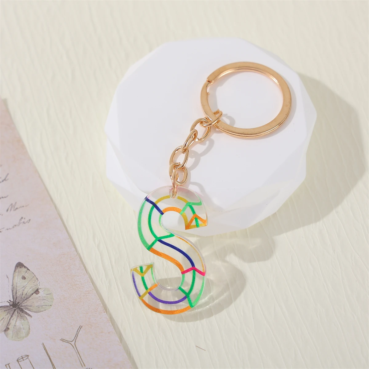 Alphabet Keychain, Transparent Letter Pendant With Line Pattern, 26 Initials Charm Durable Key Ring Accessory