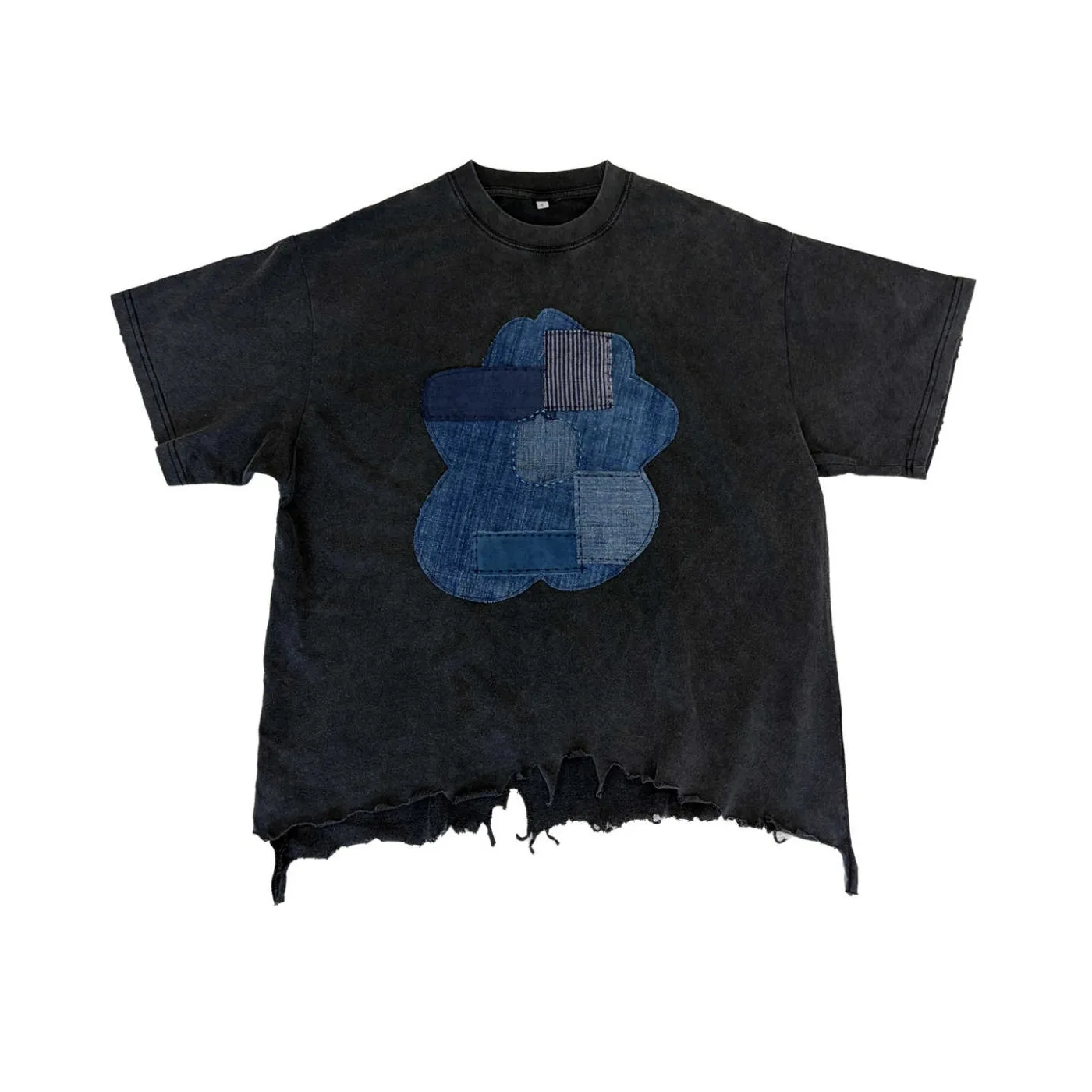 Original Design Flower Antique Fabric Splicing Patch Casual Short Sleeved Tee for Men