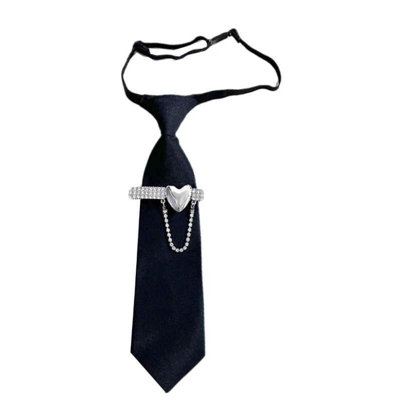 573B Uniform Black Ties for Senior High School Girl Uniform Pre-tied Preepy Look Adjustable Neck Ties with Rhinestones