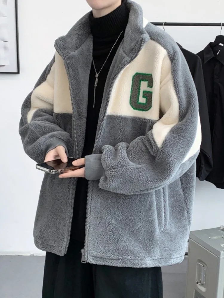 

Lamb Fur Jaet Men's Winter Thiened Cotton Coat Youth Faion Brand Warm Cotton Clothes Loose Fit Zipper Closure Long Sve