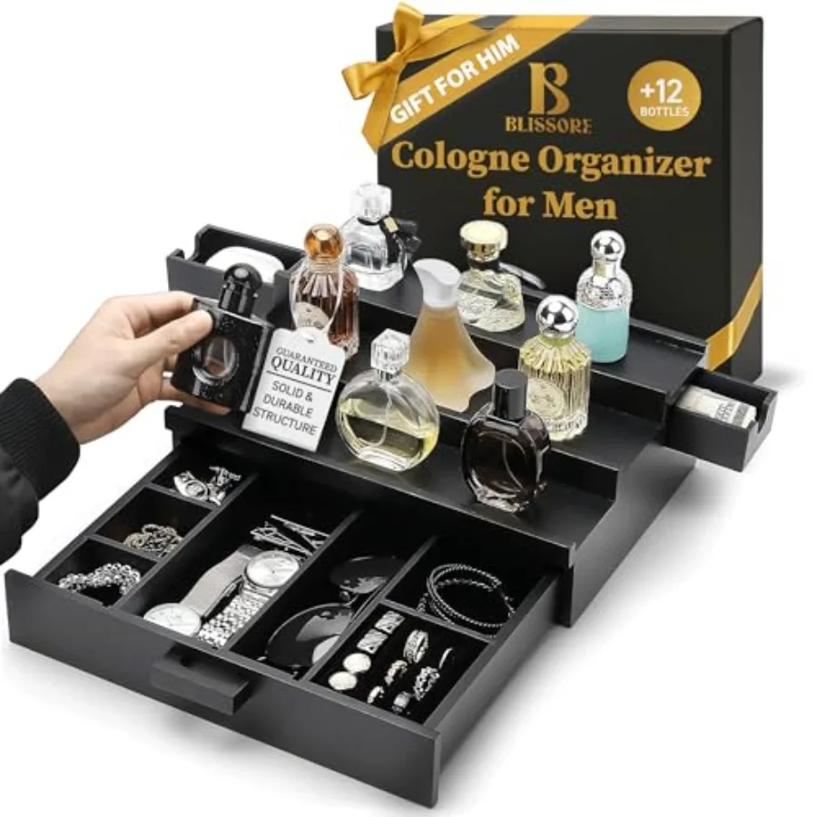 Cologne Organizer for Men Premium Cologne Stand with 2 Side-Opening Drawers Ring Slots, Watch and Jewelry Storage Perfume Displ