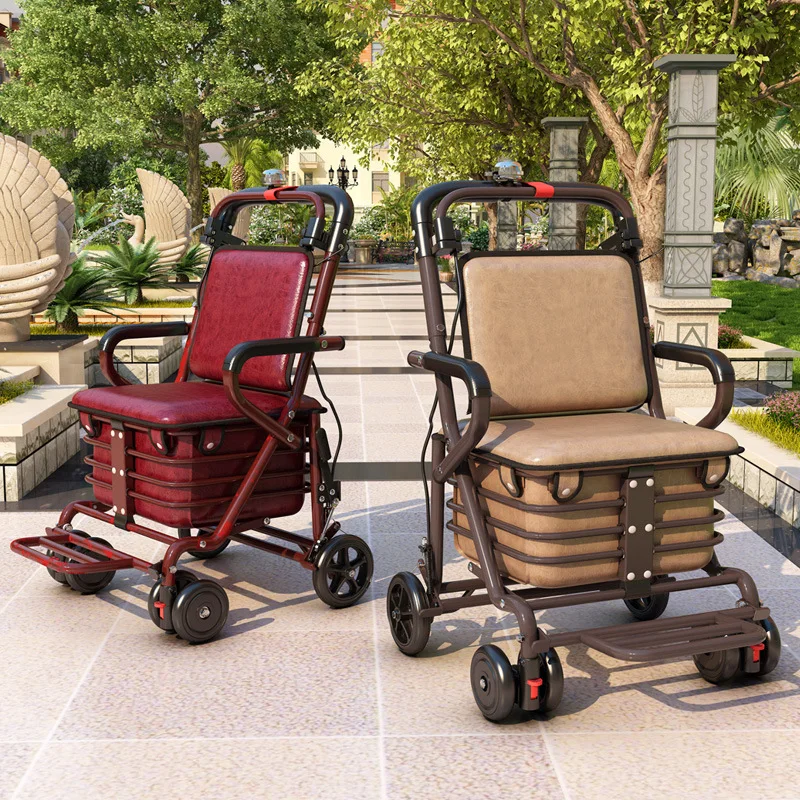 

Foldable Rollator for Seniors, 4-Wheel Lightweight Shopping Trolley with Seat, Walking Aid with Removable Basket & Brake