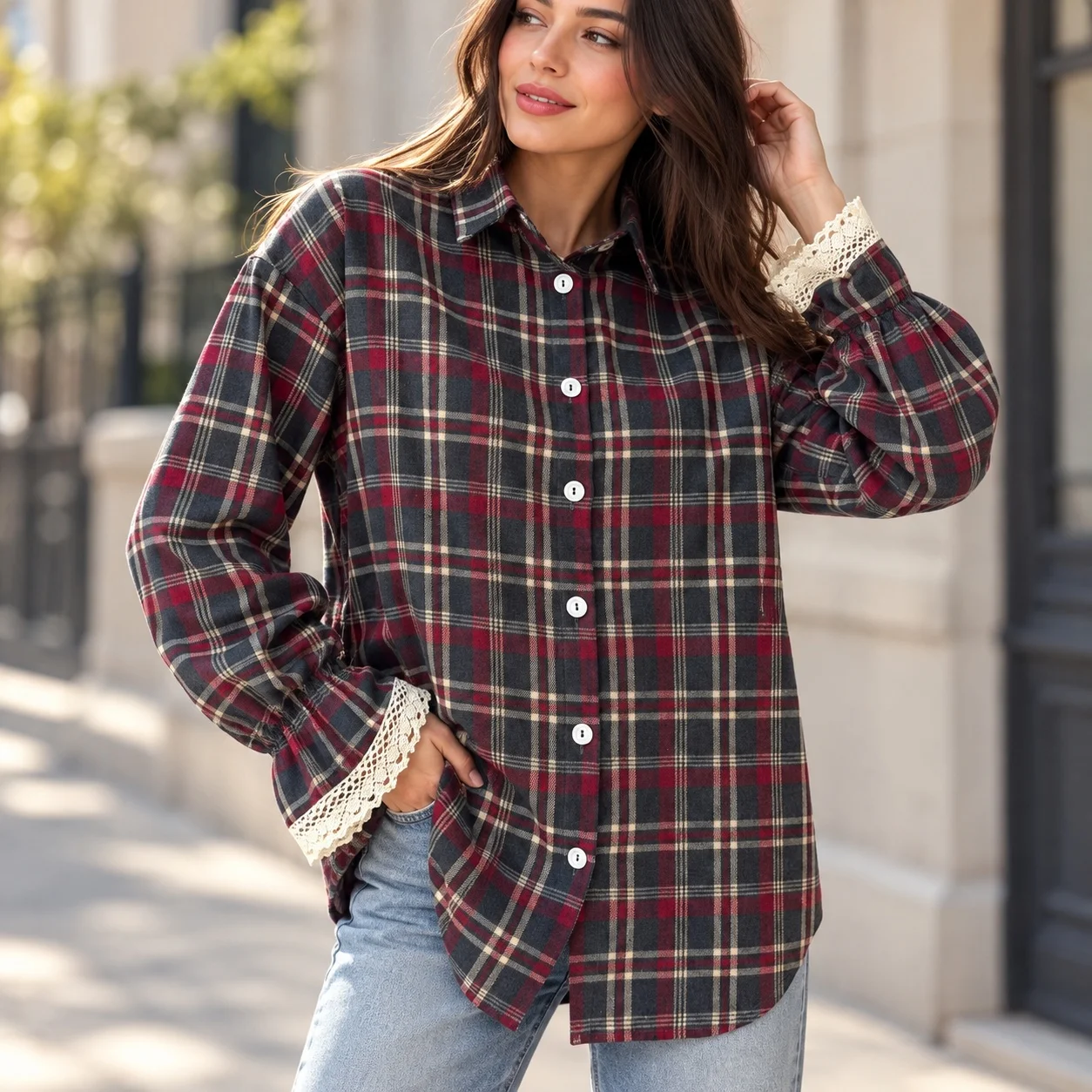 Plaid Loose Fit Shirt with Streetwear Patchwork Striped American European Style No Stretch Spring Women Blouse Mid Long Length