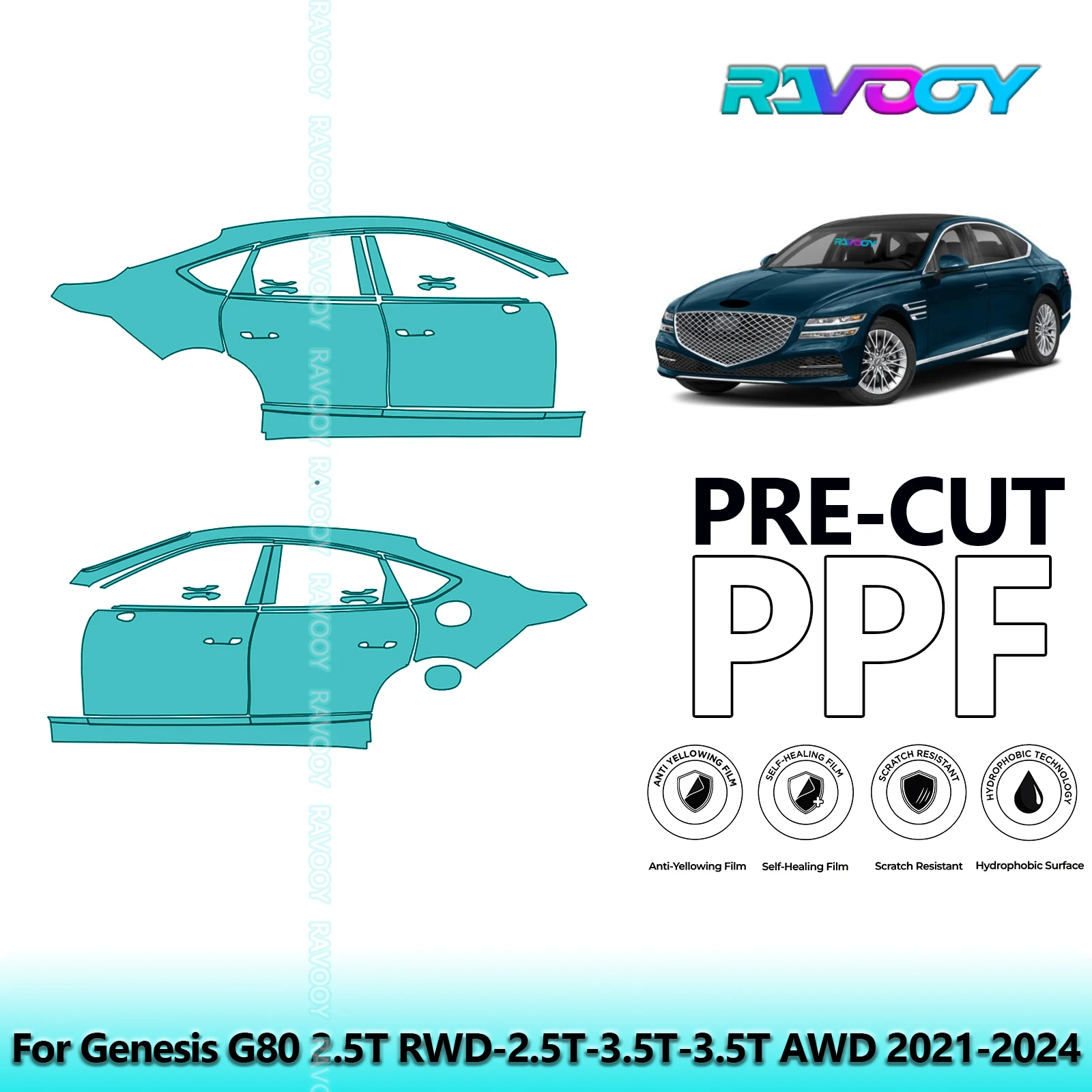 

For Genesis G80 2.5T RWD-2.5T-3.5T-3.5T AWD 2021-2024 8.5mil Pre-Cut PPF Door & A/B Pillar Kit TPU Paint Protection Film Set