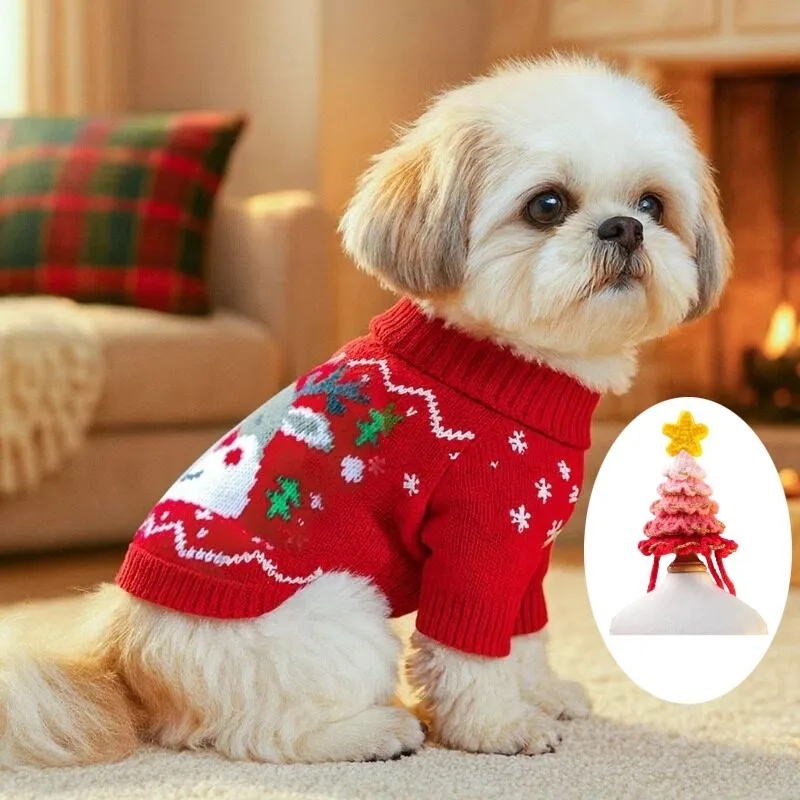 

Pet Christmas Sweater with Hat Small Dogs Cat Cosplay Xmas Deer Tree Clothing Warm Shirt Knitte Coat Corgi Teddy New Year Outfit