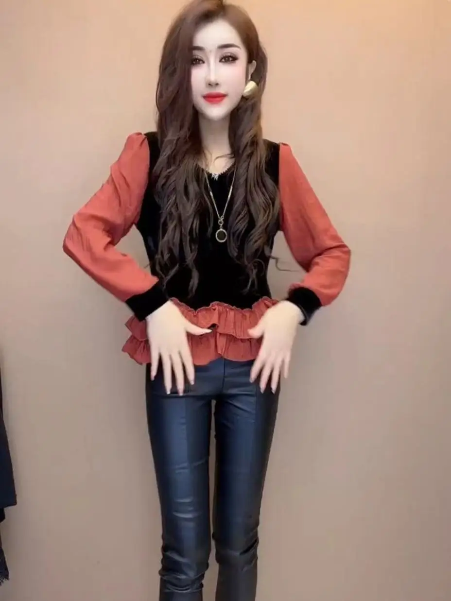 Korean style autumn and winter new style fashionable slim long-sleeved top for women's fashionable spliced velvet shirt