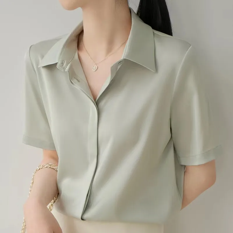 

White Satin Blouse Women Summer Loose Top Fashion Turn-down Collar Short Sleeve Button Up Shirt Woman Work Blouse Office Wear