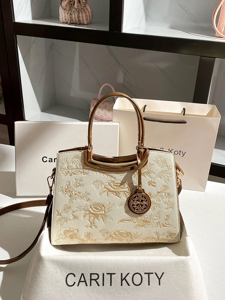 

Retro and LuxuryTote Bag with Delicate Embroidery and Pendant Women's Versatile and Chinese Style Handbag with Large Capacity