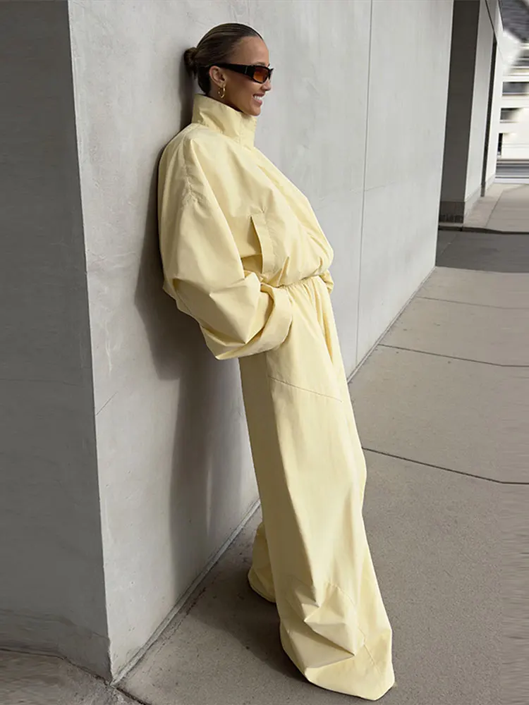 Stehkragen Langarm Oversize-Oberteil und Hosen-Set für Damen, Streetwear mit Taschen, Lockere Mäntel, Hosen mit Elastischem Bund, Schickes Damen-Outfit, Neu – Detail 13