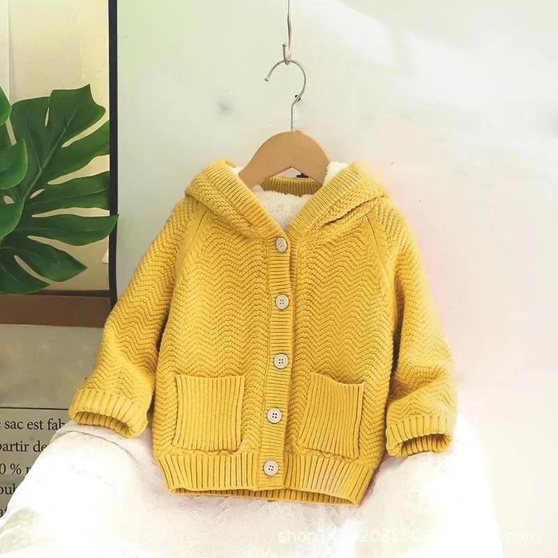 

2022 new autumn and winter clothes girls thickened hooded plus fleece sweater coat pockets female baby Kids cardigan