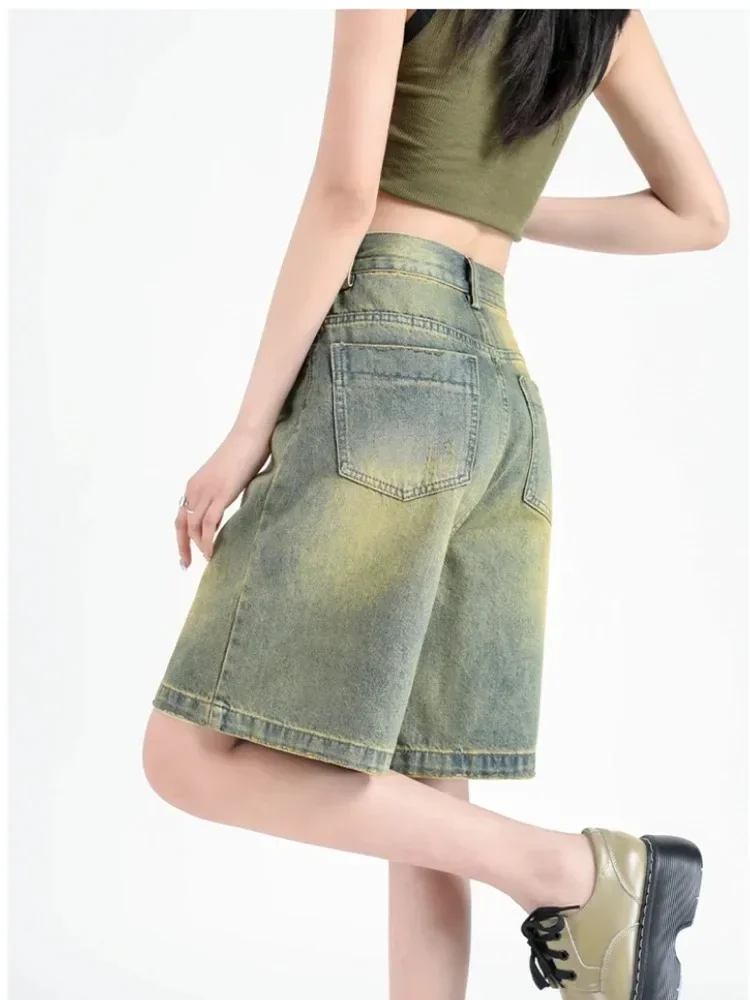Women's Retro Sweet Cool Style High Waisted Denim Shorts, New Summer Korean Fashion Casual Versatile Women Street Wide Leg Pants