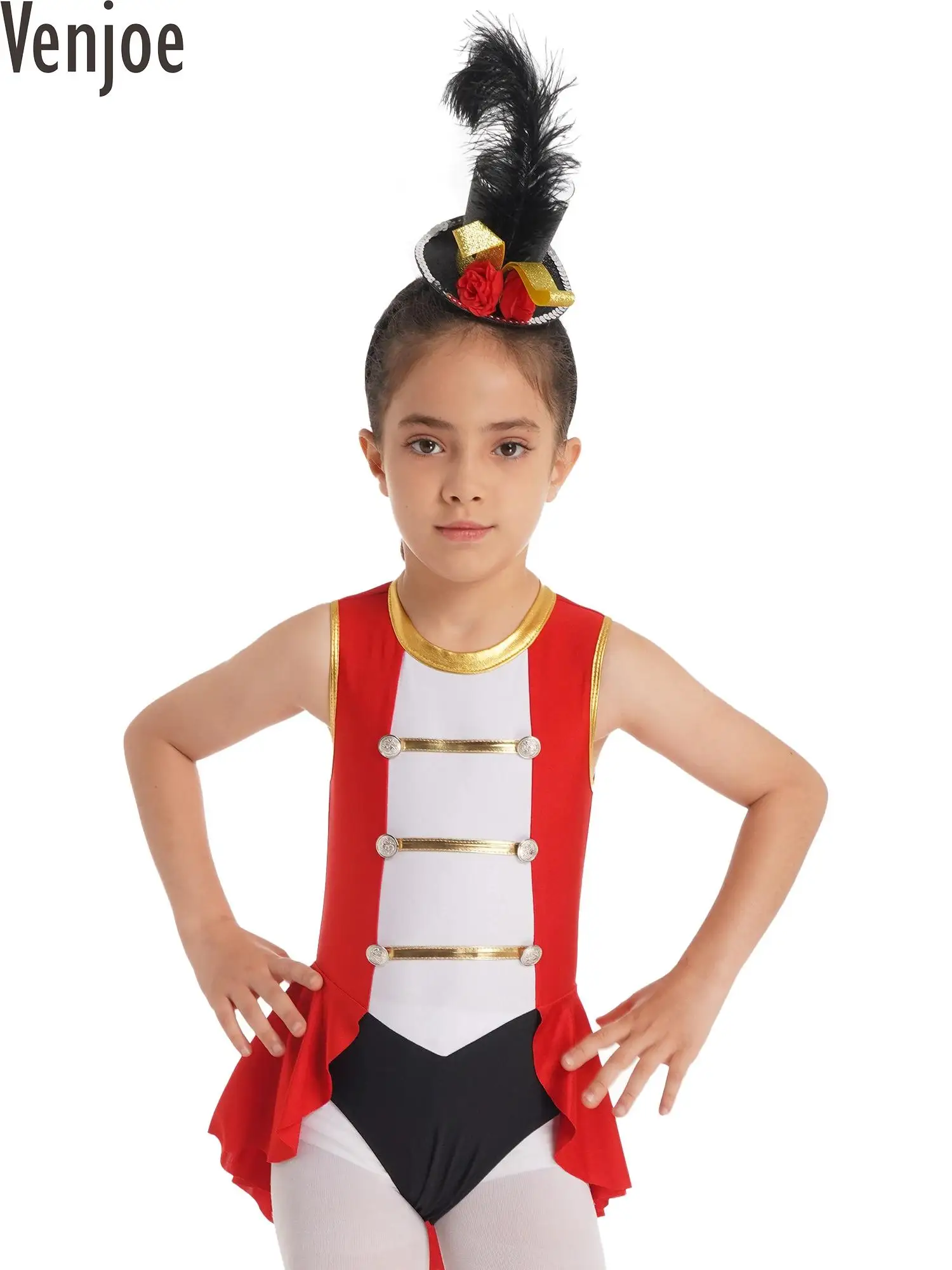 Kids Girls Circus Ringmaster Costume Sleeveless Dress Up Bodysuit Leotard Cosplay Clothes Carnival Roleplay Party Jumpsuit