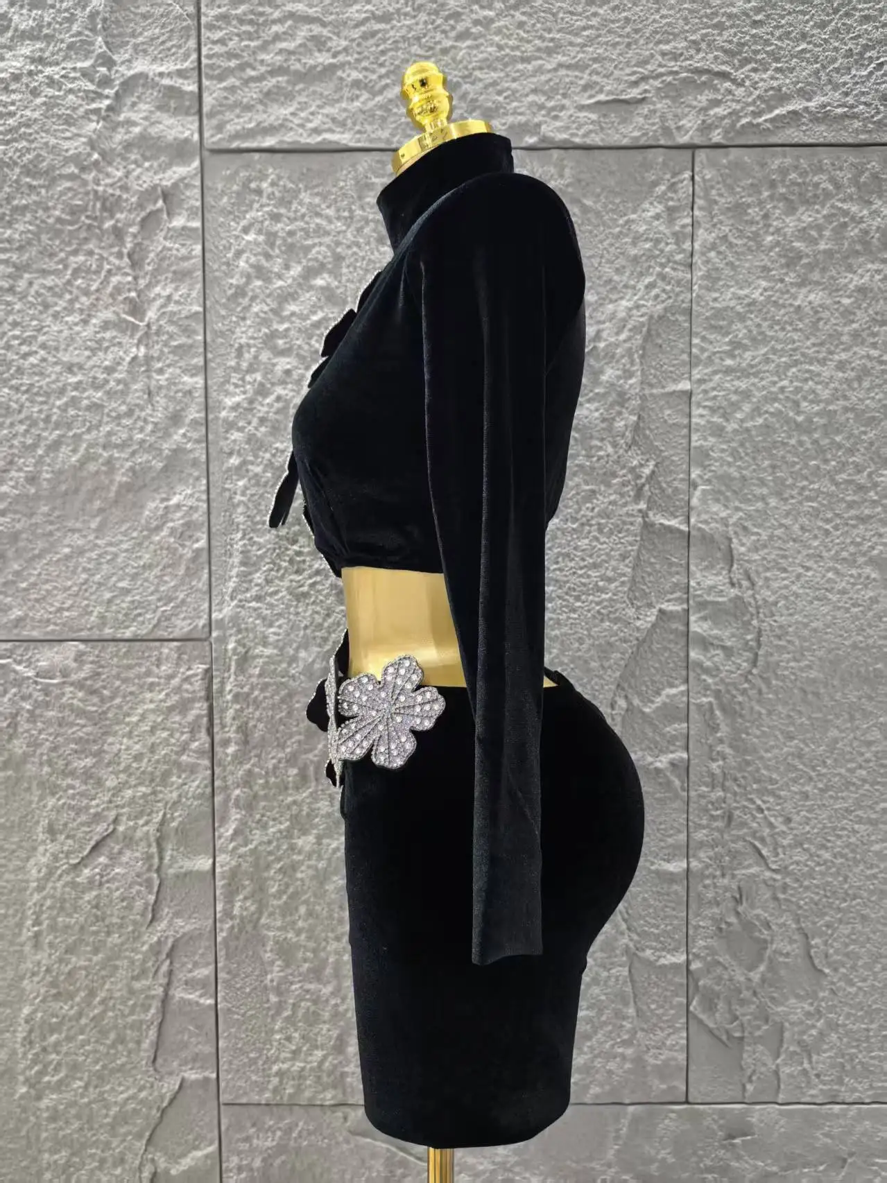 Minimalist Women Long Sleeves Bandage Two Piece Sets Turtleneck Shiny Diamonds Flower Top Bodycon Mini Skirts Suits Evening Club