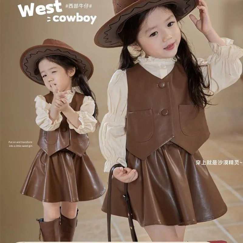 

Fashion Toddle Girls Clothes Autumn Spring Leather Princess Jacket Vest+Shirt+Skirts 3Pcs Kids Casual Clothes Suits
