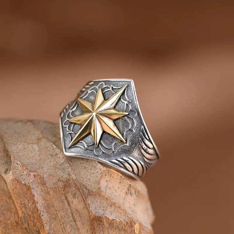 BOCAI New S925 Sterling Sivler Rings for Men Women Golden Eight-pointed Stars Antique Silver Opening Ring Charms Fine Jewelry