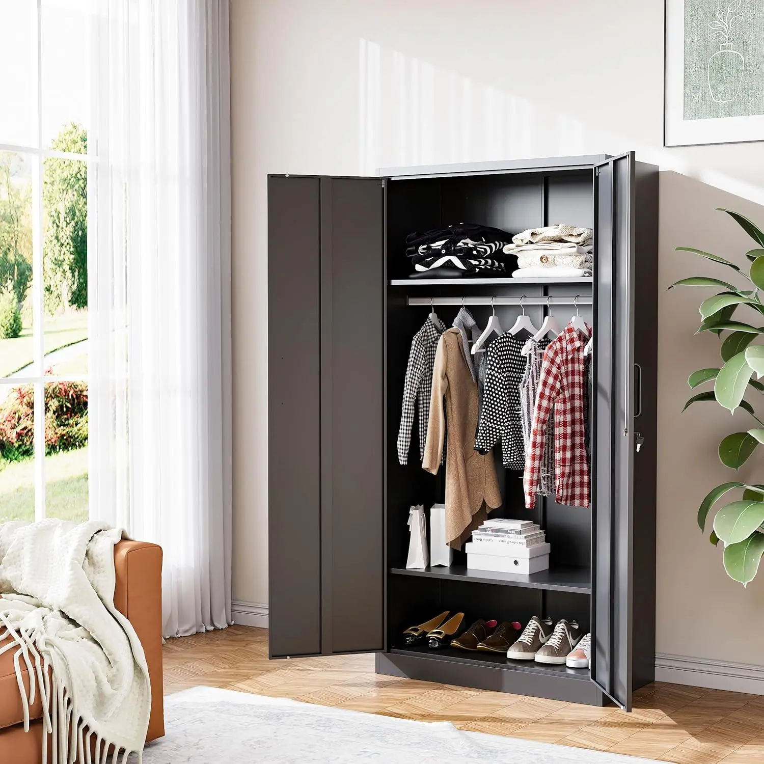 Armoire Wardrobe Closet with 2 Doors 72'' Wardrobe Cabinet with Hanging Rail Metal Closet with Adjustable Shelves for Bedroom.Re