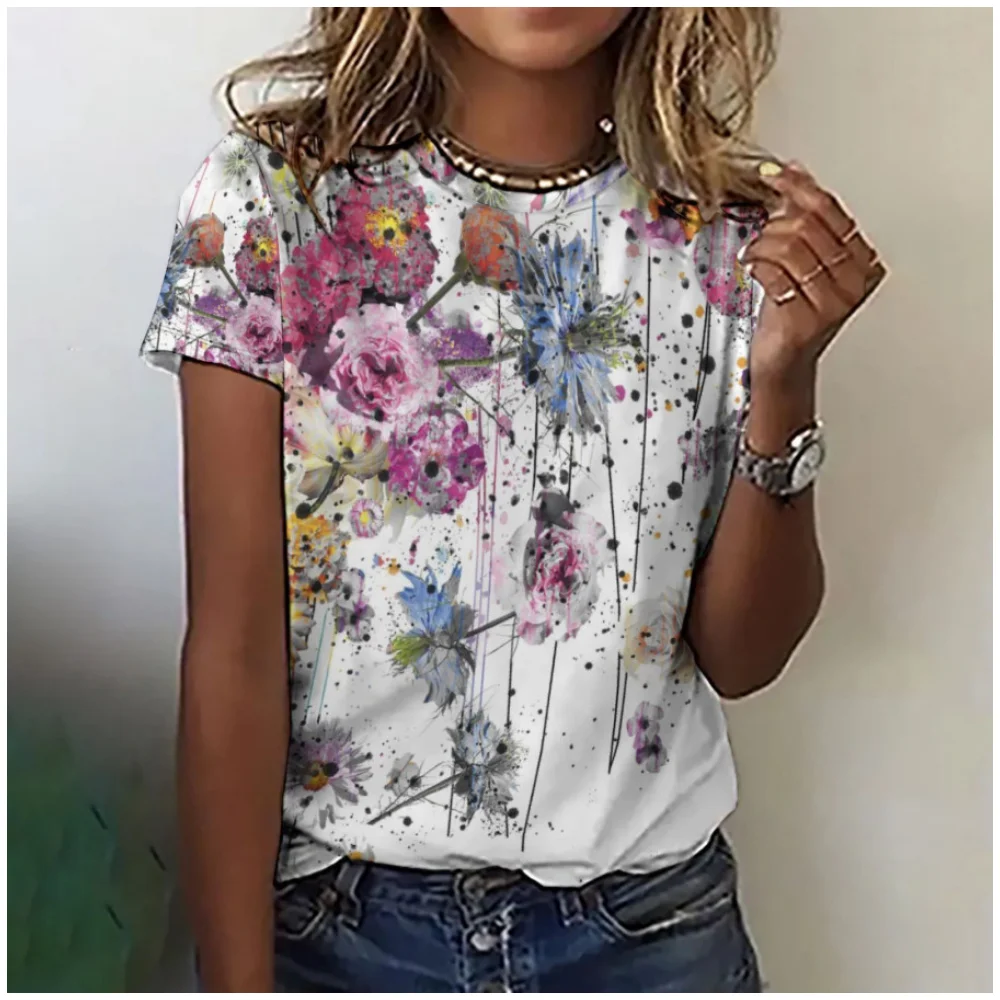 

Retro Style Women T-Shirt Flower Printing Fashion Top Women Short Pullover Sleeved Floral Pattern O-Neck Tee Shirt New Clothing