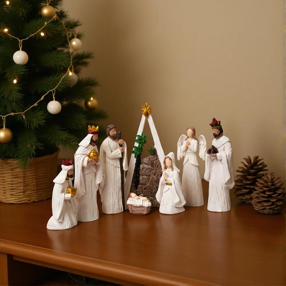 8 قطعة/المجموعة ولادة يسوع المهد مدير مجموعة عيد الميلاد الديكور الأسرة المقدسة الحرف تمثال الراتنج الأسرة المقدسة الجدول الحلي ﻿