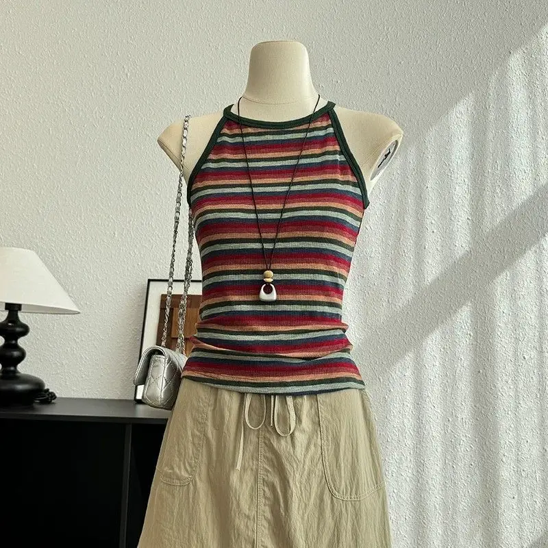Slim Fit Stripe Splice Color Block Tank Top Women's Summer New Style Sleeveless Small Shirt Upper Body T-Shirt Minimalist Sty...