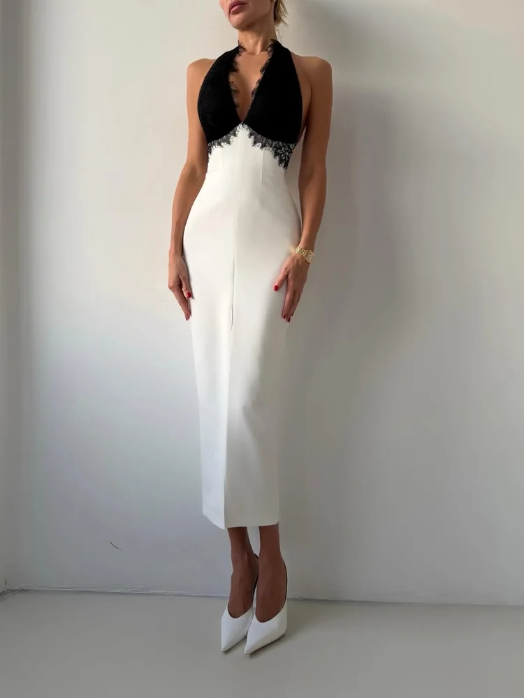 

Women Sexy Lace Halter Midi Bodycon Dress Waist Ruched Deep V Neck Slit Dresses 2026 Summer Lady Sophisticated Evening Vestidos